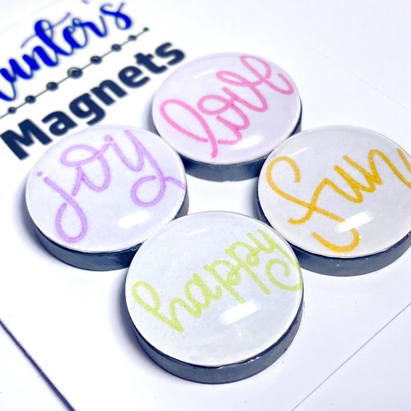 Set of 4 Glass Word Magnets "Joy Love Happy Fun" Refrigerator Kitchen Whiteboard - Picture 2 of 3
